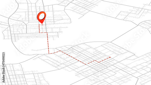 Navigation to poi. Main road throughout map. Simple scheme of isometric city. Location tracks dashboard. Generic city map with signs of streets, roads, house. Vector illustration, map background
