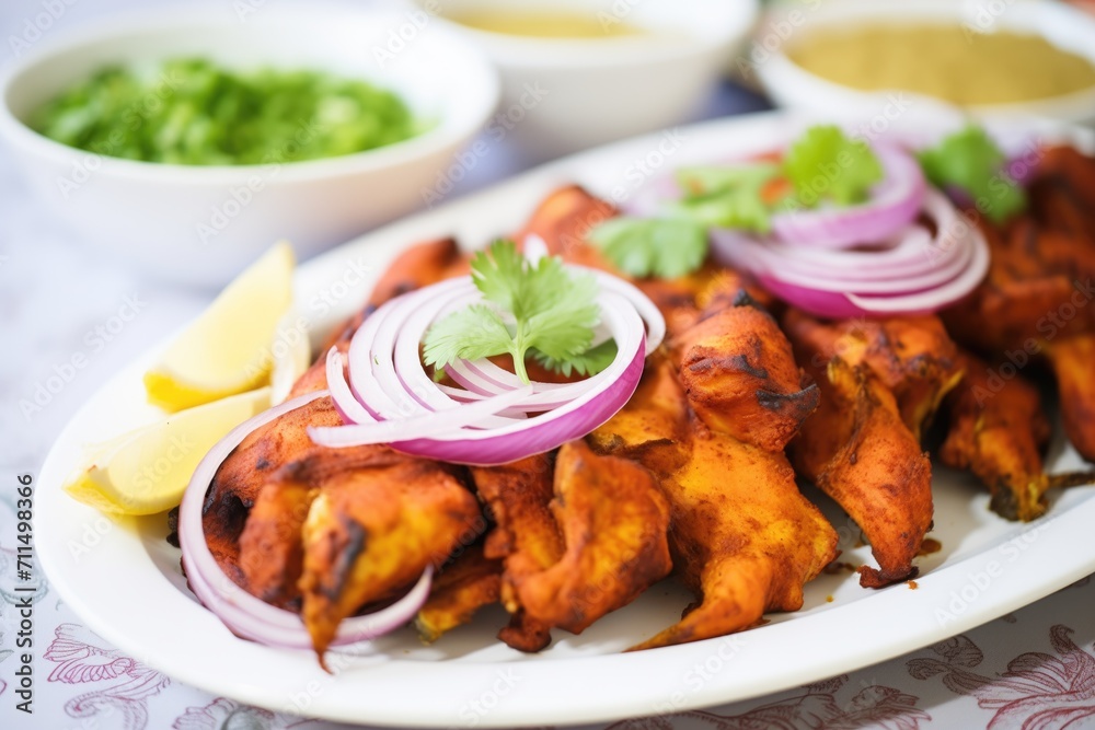 close-up of tandoori chicken garnished with sliced onions close-up of tandoori chicken garnished with sliced onions