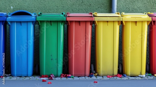 Colorful Row of Recycling Bins Lined Up for Waste Separation. © Juan