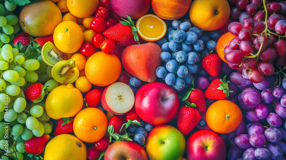 Colorful fresh fruits top view, in a rainbow gradient Colorful fresh fruits top view, in a rainbow gradient