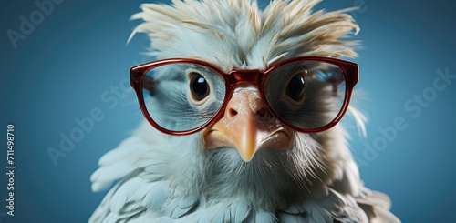 A stylish avian companion, sporting a pair of spectacles on its feathered face, takes in the world through its beak with a touch of sophistication and a love for the great outdoors photo