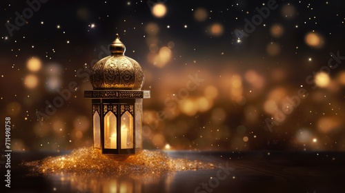 Islamic lantern with burning candle and blurry background with bokeh lights photo