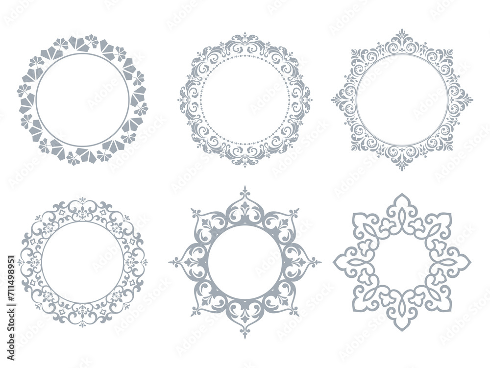 Set of decorative frames Elegant vector element for design in Eastern style, place for text. Floral gray and white borders. Lace illustration for invitations and greeting cards