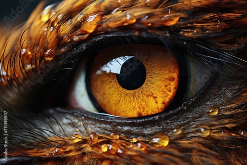 A stunning bird's eye view, featuring intricate brown feathers and glistening water droplets, captured in a breathtaking close-up of this majestic animal's iris photo