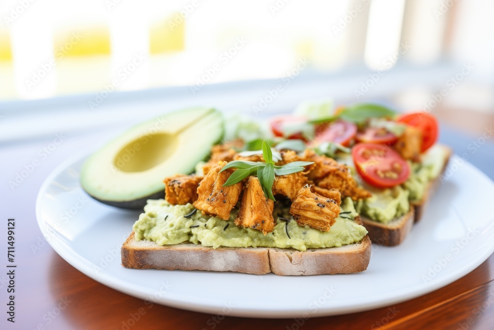 open-faced tempeh sandwich with avocado spread open-faced tempeh sandwich with avocado spread