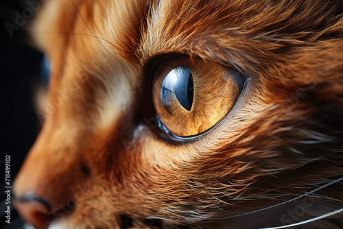 A captivating close-up of a domestic cat's eye, with mesmerizing brown hues and delicate whiskers, showcasing the beauty of this beloved mammal