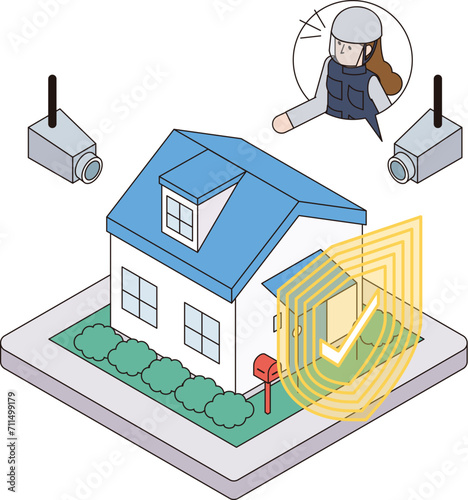 戸建て住宅の安全を遠隔で見守る女性警備員のアイソメイラスト