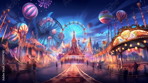 Vibrant fairground with dazzling lights, spinning rides, and a joyful atmosphere - Generative AI