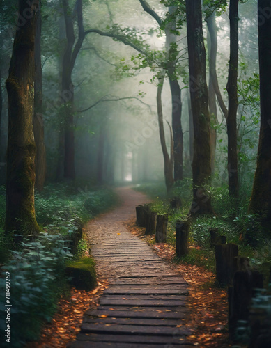Morning in the forest, mystic path in the woods, dark landscape © happyjack29