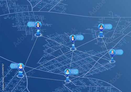Communication concept. People connected with each other around. Generic city map on background. Editable isometric, vector illustration.