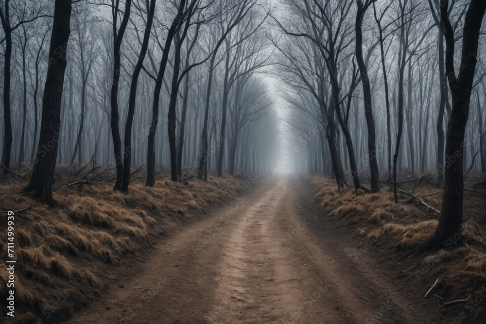 Obraz premium A dirt path that proceeds to the horizon through a forest of dry trees, dark and gloomy atmosphere - Concept for loneliness and depression