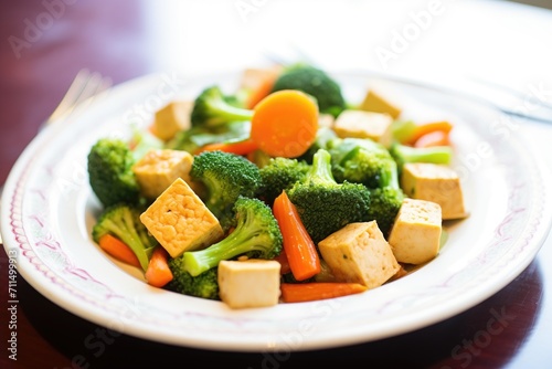 tofu cubes sizzling with broccoli and carrot slices