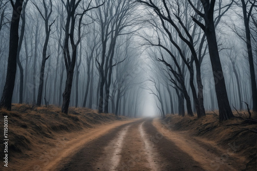 A dirt path that proceeds to the horizon through a forest of dry trees, dark and gloomy atmosphere - Concept for loneliness and depression