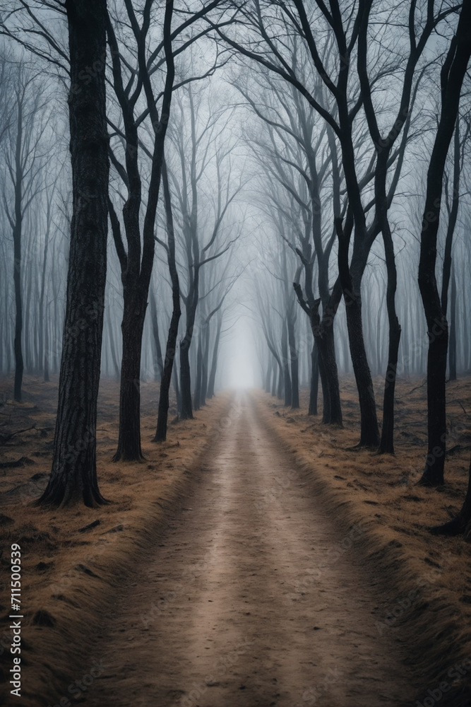 A dirt path that proceeds to the horizon through a forest of dry trees, dark and gloomy atmosphere - Concept for loneliness and depression
