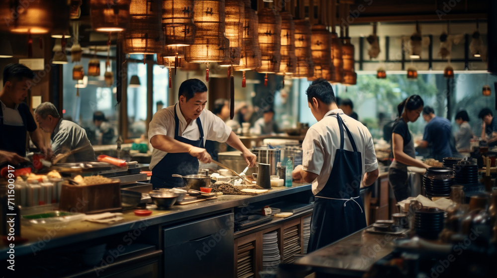 Energetic Ambiance: Vibrant Scene of Staff in Action at a Bustling Japanese Restaurant Energetic Ambiance: Vibrant Scene of Staff in Action at a Bustling Japanese Restaurant