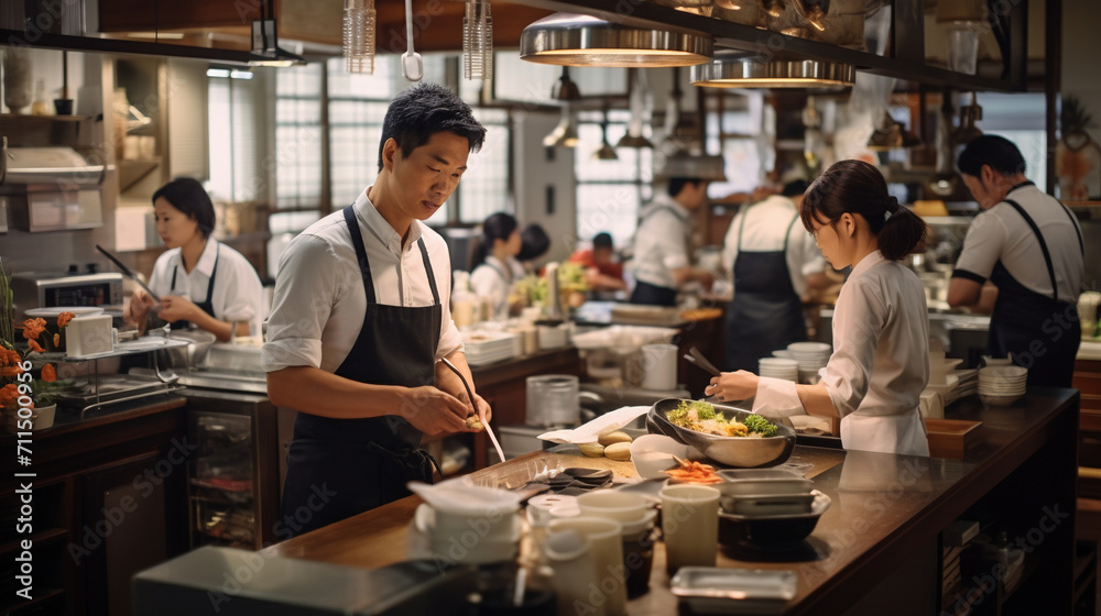 Energetic Ambiance: Vibrant Scene of Staff in Action at a Bustling Japanese Restaurant Energetic Ambiance: Vibrant Scene of Staff in Action at a Bustling Japanese Restaurant