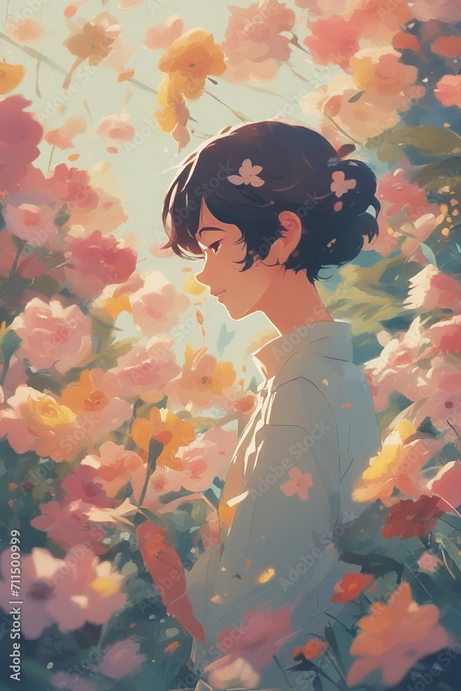 Tranquil Beauty: Girl Amidst a Bloom of Flowers Tranquil Beauty: Girl Amidst a Bloom of Flowers