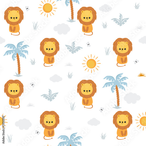 Fototapeta Naklejka Na Ścianę i Meble -  Seamless pattern with cute character lion, palm tree and butterfly. Cute vector illustration for kids.