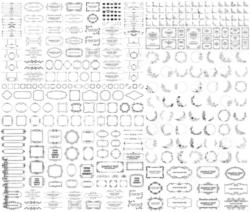 Set of gold vintage frame and corners icon. Vector illustration.