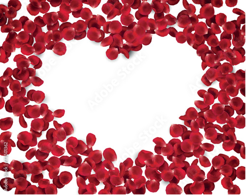 Vector realistic red rose petals in shape of a heart, frame for your text or valentine's day or mother's day greeting on white background