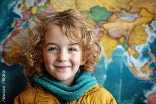 Portrait of a smiling child standing in front of a world map