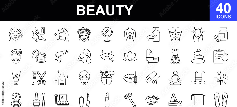 Beauty web icons set. Cosmetology and dermatology - simple thin line icons collection. Containing cream bottle, lipstick, makeup brush, care skin, face mask and more. Simple web icons set
