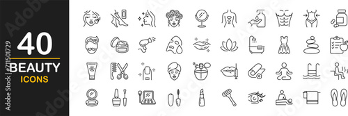 Beauty web icons set. Cosmetology and dermatology - simple thin line icons collection. Containing cream bottle, lipstick, makeup brush, care skin, face mask and more. Simple web icons set