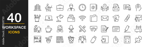 Office workspace web icons set. Workspace and coworking - simple thin line icons collection. Containing devices, tools, desktop, computer manager, meeting, co-worker and more. Simple web icons set