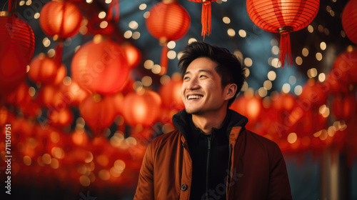 Asian man celebrating new year eve on a blurred holiday background © brillianata