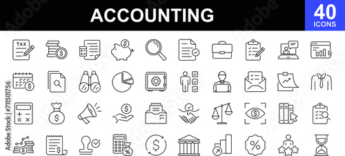 Accounting web icons set. Accounting and Audit - simple thin line icons collection. Containing financial statement, taxes, accountant, financial audit, invoice, income and more. Simple web icons set