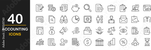Accounting web icons set. Accounting and Audit - simple thin line icons collection. Containing financial statement, taxes, accountant, financial audit, invoice, income and more. Simple web icons set