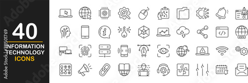 Information Technology web icons set. IT - simple thin line icons collection. Containing technology progress, website, Internet, data, programming and more. Simple web icons set