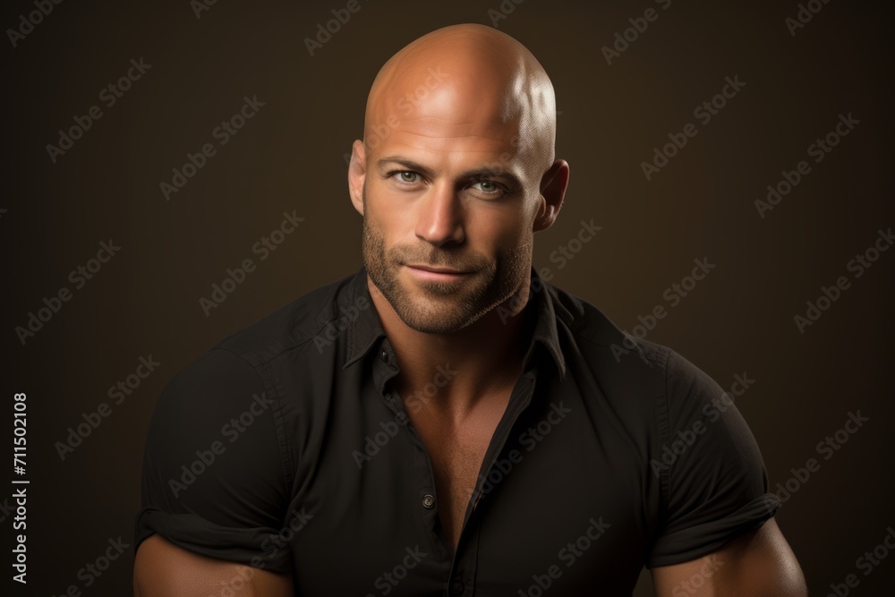 Portrait of a handsome bald man in a black shirt on a dark background Portrait of a handsome bald man in a black shirt on a dark background