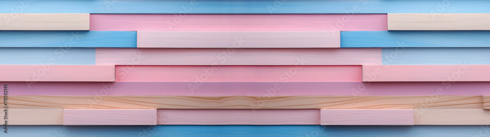 Closeup of wooden geometric blocks, cuboids in pastell blue and pink in different layers pattern, wide 3d stripes as textured modern abstract background banner business design Closeup of wooden geometric blocks, cuboids in pastell blue and pink in different layers pattern, wide 3d stripes as textured modern abstract background banner business design