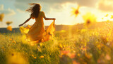 Mulher loira de costas correndo pelo campo de flores ao entardecer 