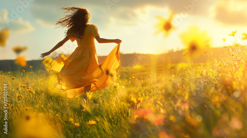 Mulher loira de costas correndo pelo campo de flores ao entardecer  photo