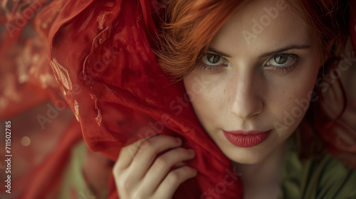 Mulher ruiva com olhar sedutor segurando uma roupa vermelha photo
