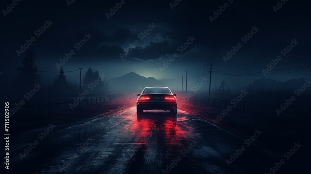 Evasive Maneuvers: Car Fleeing into the Night on a Wet and Hazy Midnight Road - Crime Concept Evasive Maneuvers: Car Fleeing into the Night on a Wet and Hazy Midnight Road - Crime Concept