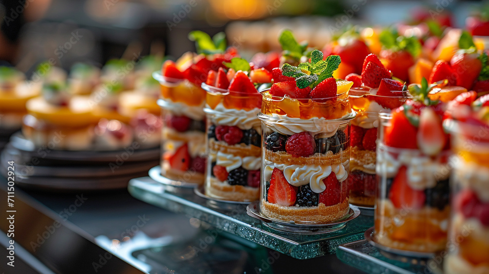 Pastries, mini canapé desserts, delicious desserts, unusual mini desserts for special occasions. Restaurant and homemade food. With berries and nuts. - obrazy, fototapety, plakaty 