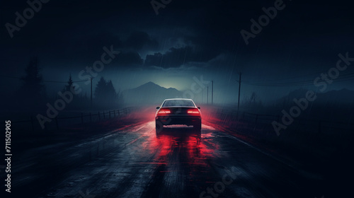 Evasive Maneuvers: Car Fleeing into the Night on a Wet and Hazy Midnight Road - Crime Concept © Maximilien