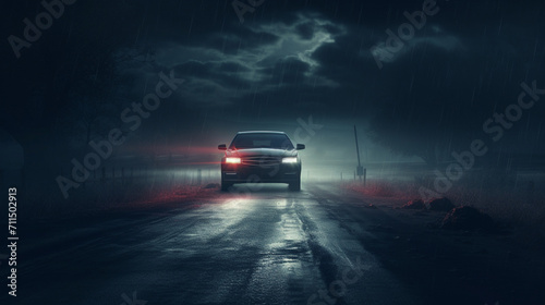 Evasive Maneuvers: Car Fleeing into the Night on a Wet and Hazy Midnight Road - Crime Concept