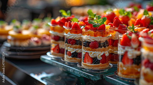 Pastries, mini canapé desserts, delicious desserts, unusual mini desserts for special occasions. Restaurant and homemade food. With berries and nuts. photo