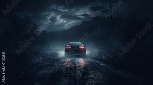 Underworld Getaway: Dramatic Midnight Drive on Wet Alley, Evoking a Sense of Mystery