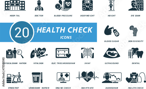 Health check icons set. Creative icons: hospital, doctor, blood pressure, body weight, height, eye exam, blood sugar, bone density and more