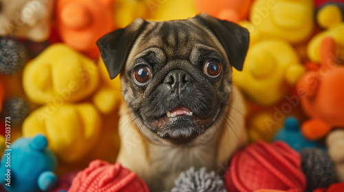 An amusing close-up portrait of a Pug surrounded by squeaky toys in a studio filled with vibrant yellows and oranges Generative AI