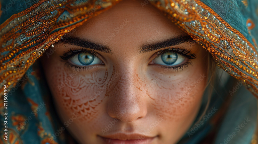 An enchanting portrait of a Middle Eastern woman wearing traditional henna patterns on her hands and dressed in intricate embroidery, her eyes reflecting a timeless blend of beauty