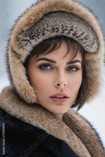Vertical view pretty young brunette woman in luxury fur coat, fashion model glamour portrait. Generative AI