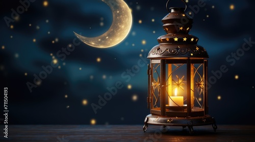 Islamic lantern with burning candle and night sky with waning crecent moon photo