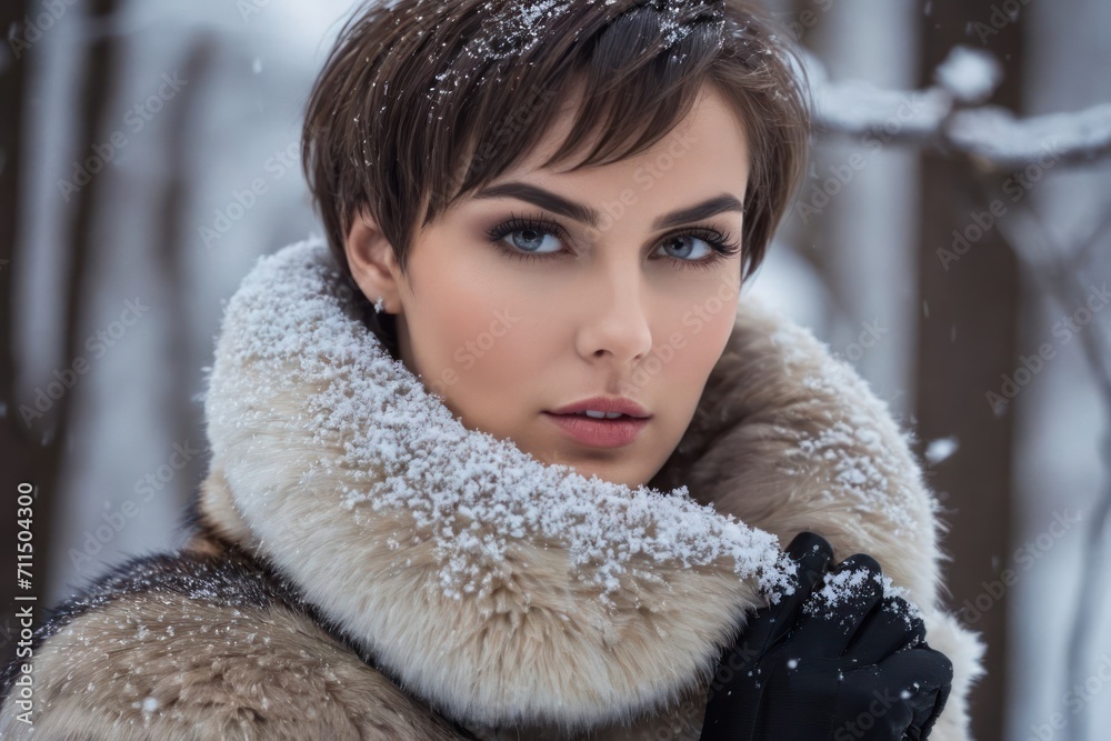 Pretty young brunette woman in luxury fur coat, fashion model glamour portrait. Generative AI Pretty young brunette woman in luxury fur coat, fashion model glamour portrait. Generative AI