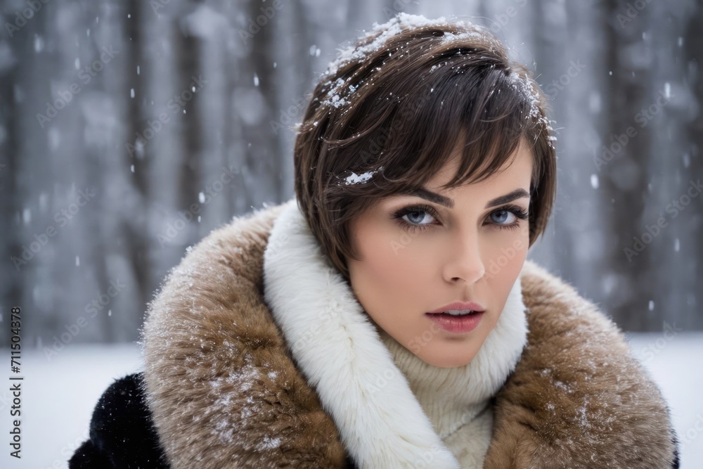 Pretty young brunette woman in luxury fur coat, fashion model glamour portrait. Generative AI Pretty young brunette woman in luxury fur coat, fashion model glamour portrait. Generative AI
